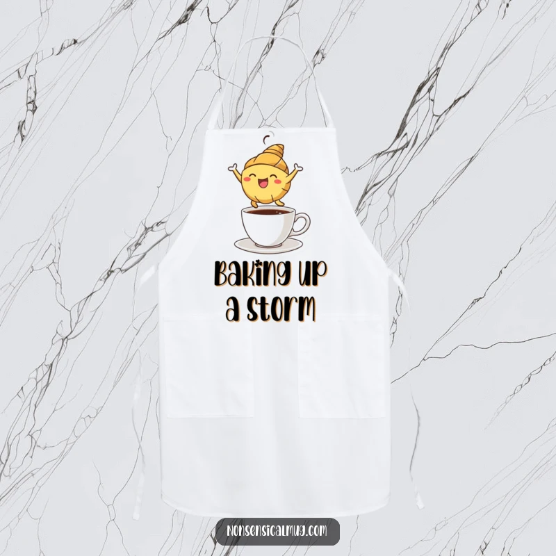 Funny croissant character in a chef's hat, joyfully leaping over a coffee cup on a practical kitchen apron.