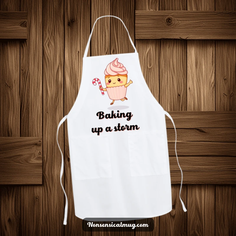 Funny kawaii cupcake character energetically jumping rope with a candy cane, on a practical kitchen apron, offering humorous cooking fun.