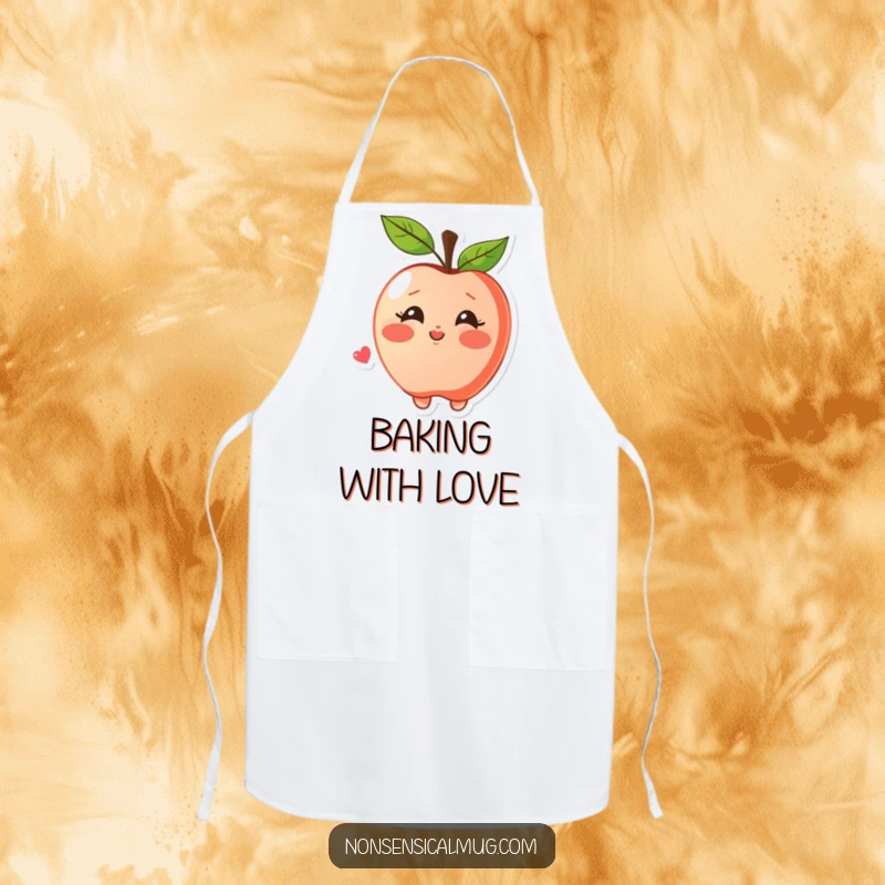 Funny apron with a blushing apple character joyfully blowing a kiss, ideal for those who love to bake and share affection.