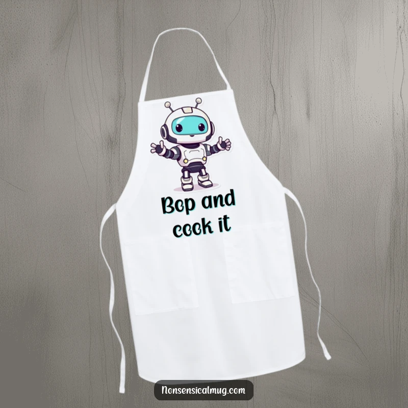 Funny robot apron showing a playful character doing a happy little bop, perfect for cooking and baking.