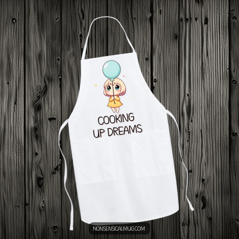 Funny apron featuring a character holding a balloon and looking up dreamily, a humorous and practical accessory for hopeful cooks.