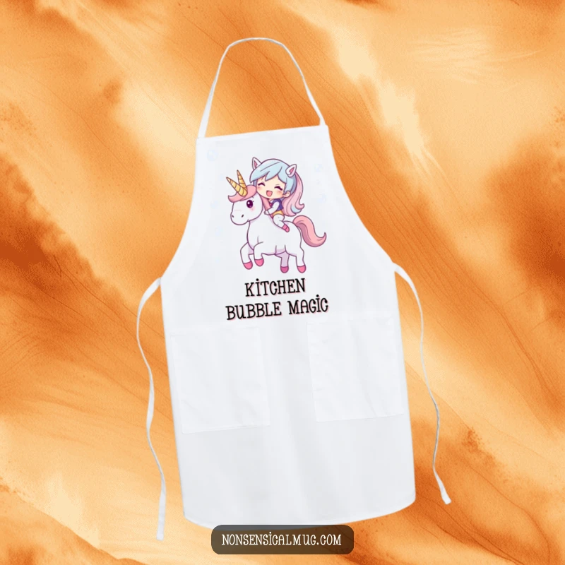 Funny apron showing a giggling character riding a unicorn made of shimmering bubbles. Magical and practical kitchen wear.