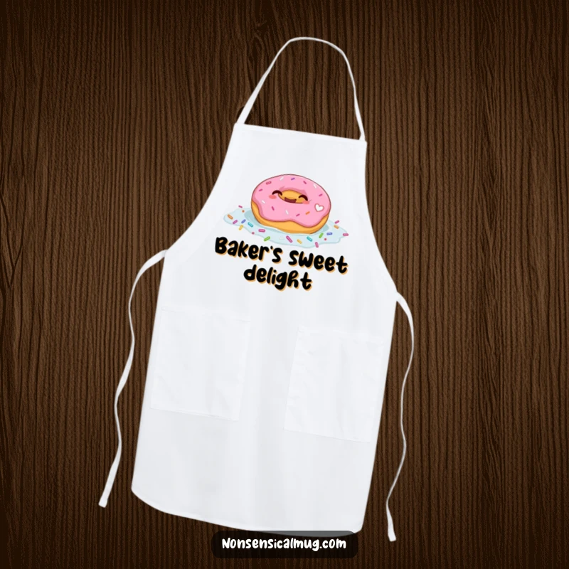 Funny apron featuring a giggling donut character happily floating in a pool of sprinkles, making baking a joyful experience.