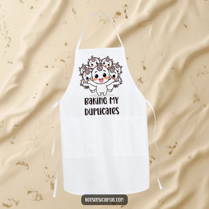 Funny apron depicting a joyful character splitting into multiple bouncy copies, perfect for adding cheer and energy to kitchen tasks.