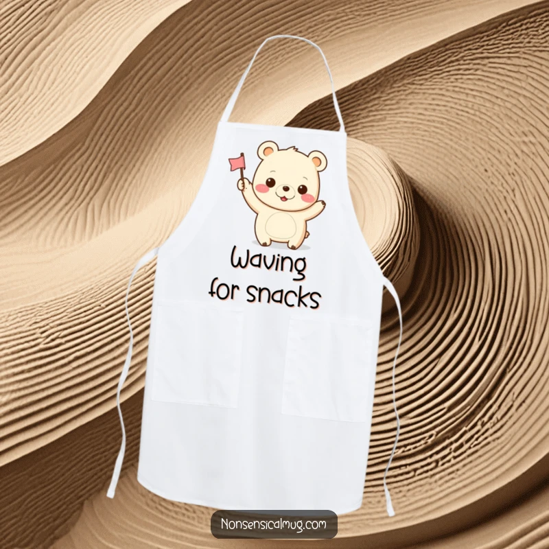 Funny Kawaii Bear Apron: A cute kawaii bear cheerfully waves a flag while cooking, adding humor to meal prep.