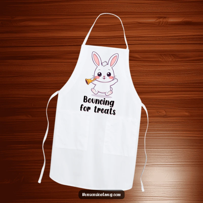 Funny Kawaii Bunny Apron: A wide-eyed kawaii bunny bounces, holding a party horn, adding cheerful fun to cooking.