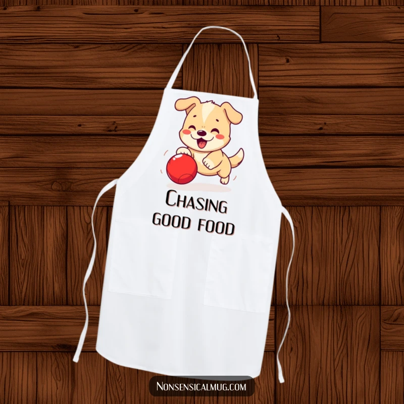 Funny Kawaii Dog Apron: A cute kawaii dog is shown excitedly chasing a ball, adding humor to cooking.