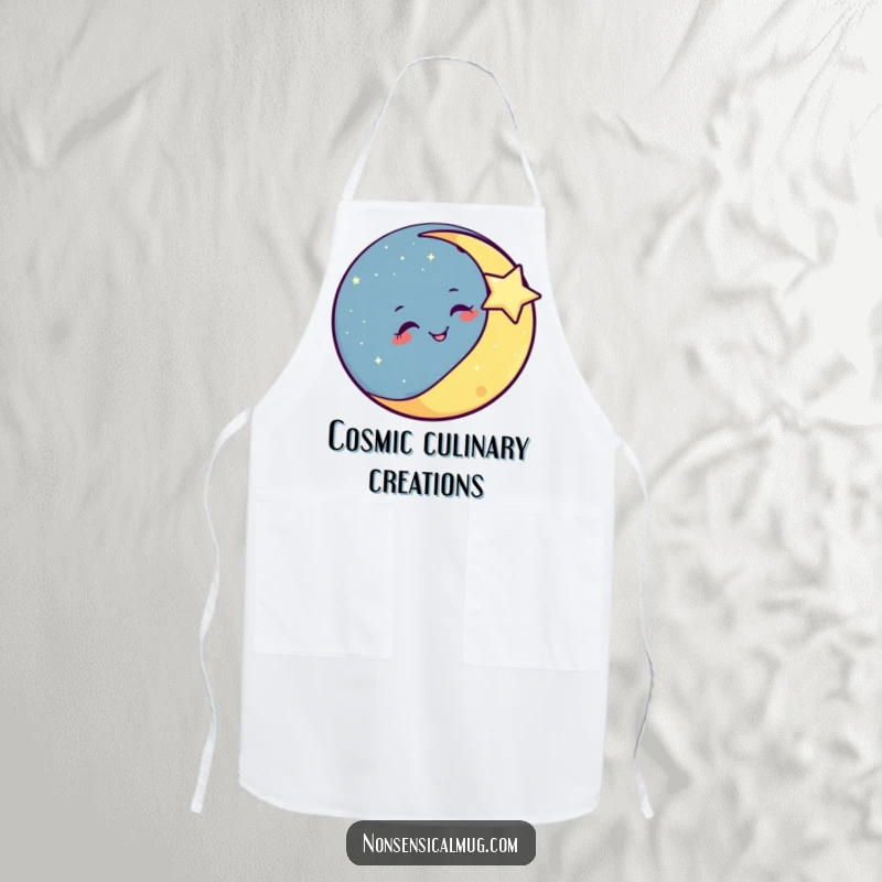 Funny smiling moon winking at a twinkling star on an apron, ready for celestial cooking fun.