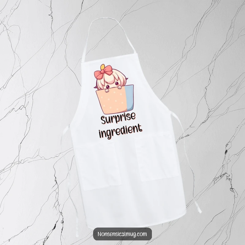 Funny apron showing a blushing character shyly peeking from behind a large, colorful gift, ideal for humorous kitchen wear.