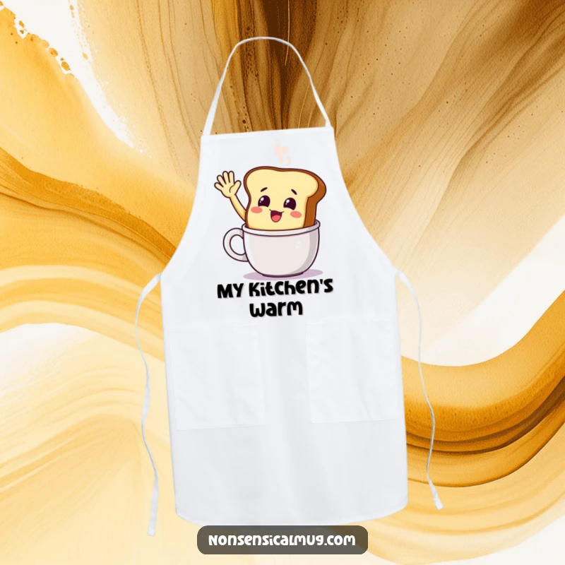 Funny smiling toast character waving from a steaming mug on an apron, for cooks who love spreading cheer in the kitchen.