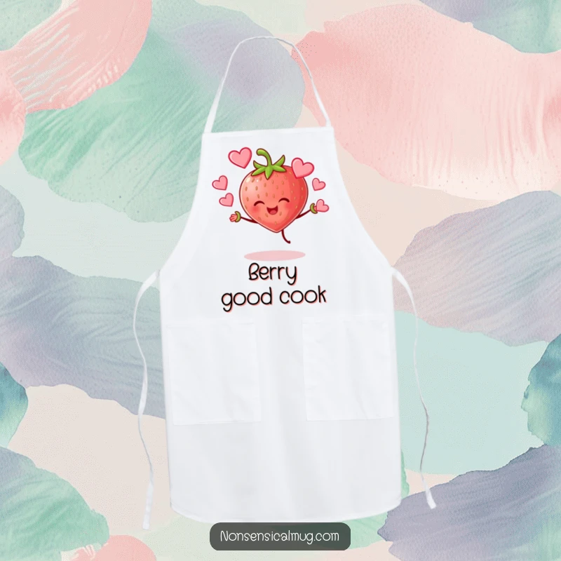 Funny cheerful strawberry character joyfully juggling hearts on a kitchen apron, designed for cooks who love spreading love.