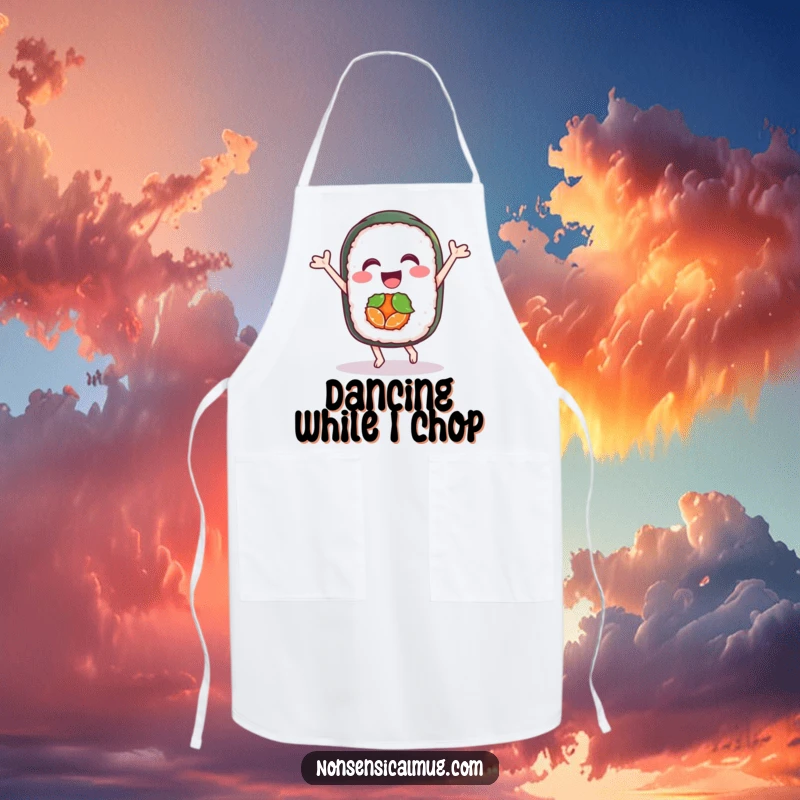 Funny apron with a delighted sushi roll character doing a joyful dance, ideal for kitchen enthusiasts who love sushi.
