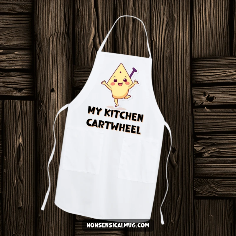 Funny apron depicting a joyful triangular character mid-cartwheel, ready for energetic and fun culinary activities.