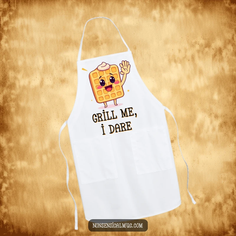 Funny waffle giving a high five, printed on an apron for a humorous and celebratory cooking experience.