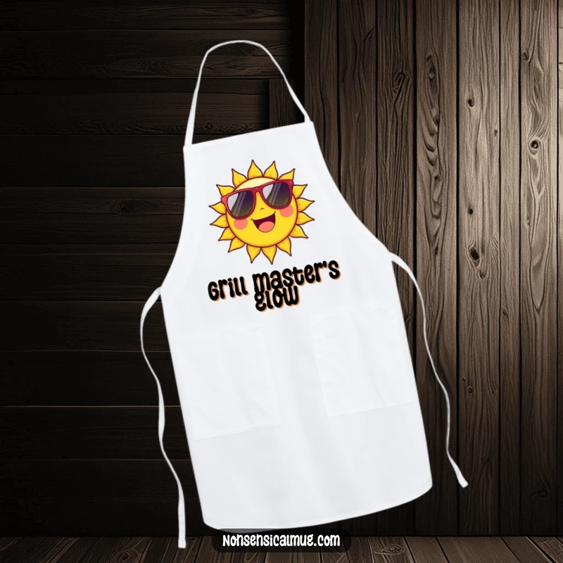 Funny Apron: Cheerful sun character beaming with oversized sunglasses, ideal for a sunny kitchen experience.