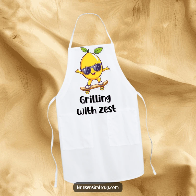 Funny lemon wearing sunglasses on a skateboard, printed on an apron for a humorous cooking experience.