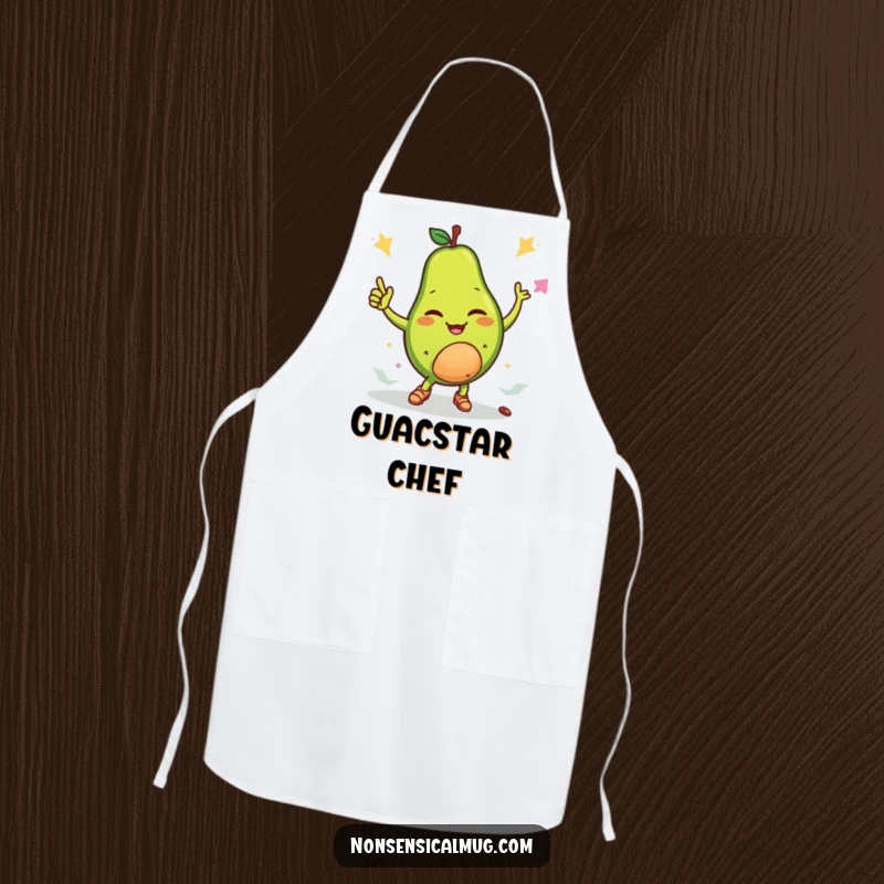 Funny apron showcasing a winking avocado character breakdancing with its pit, adding a humorous and energetic flair to cooking.
