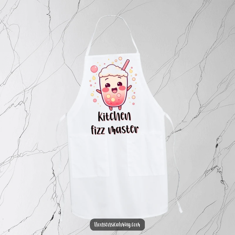 Funny apron featuring a bubbly soda character bursting with excitement and fizz, making cooking a fun and energetic activity.