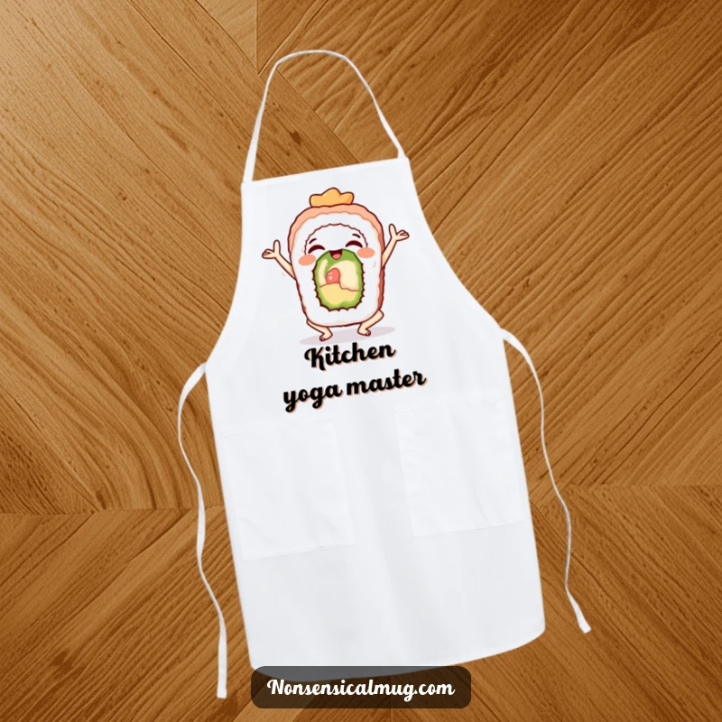 Funny sushi roll in a yoga pose, printed on an apron for a humorous and serene culinary experience.