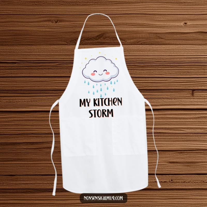 Funny apron featuring a cute, smiling cloud character gently showering sparkling raindrops, perfect for a happy cooking experience.