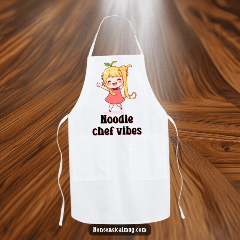 Funny apron showing a happy character dancing with a huge, wiggling noodle. A humorous kitchen accessory.