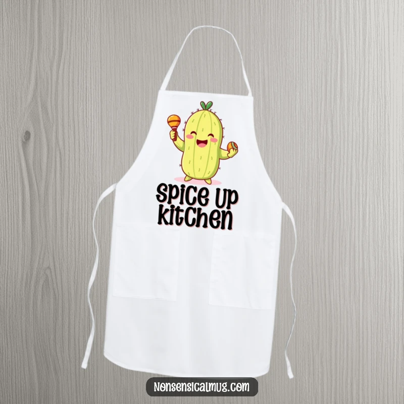 Funny Apron: Smiling cactus character gleefully dancing with maracas, perfect for a lively kitchen.