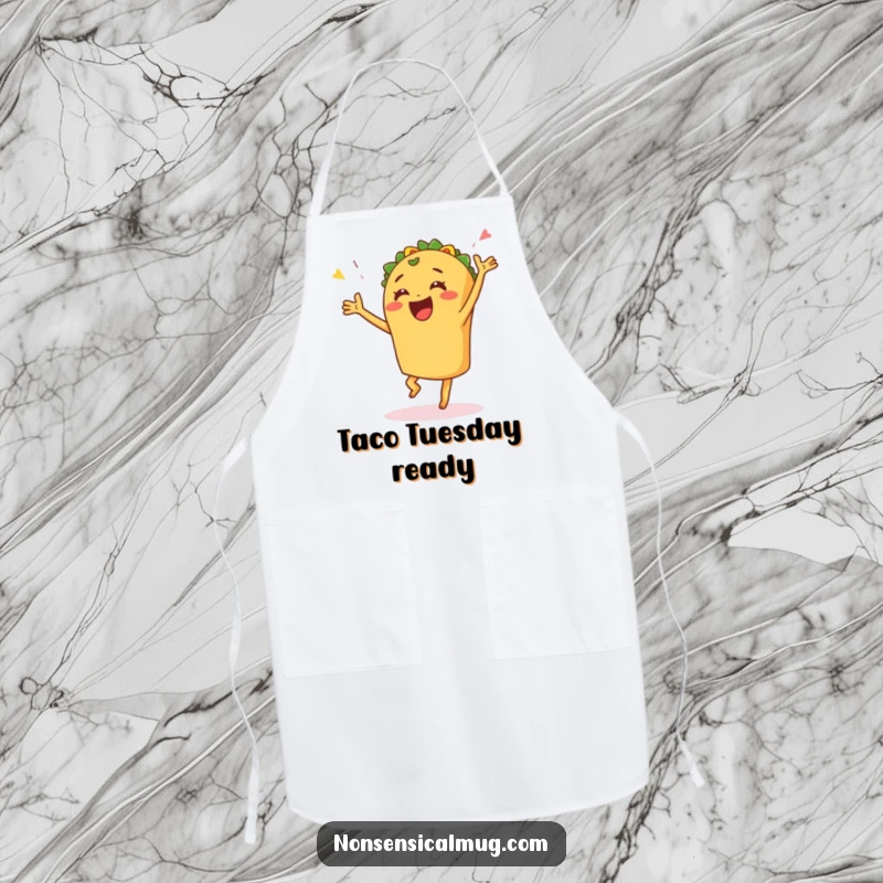 Funny apron depicting a joyful taco performing a fun celebratory dance, great for adding fiesta spirit to cooking.