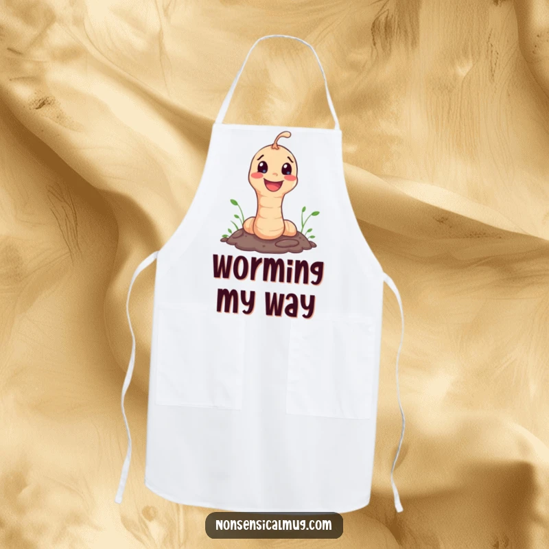 Funny Apron: Happy worm character joyfully popping out of the ground, ideal for humorous cooking.