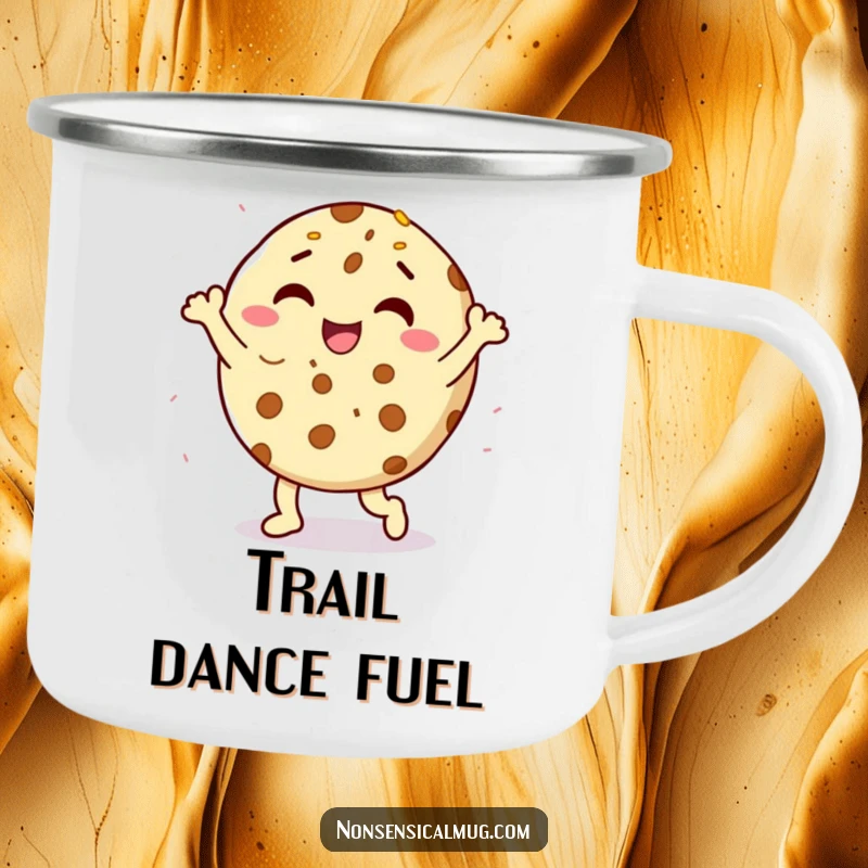 Funny delighted cookie character doing a happy dance with sprinkles on an enamel camping mug, a humorous outdoor companion.
