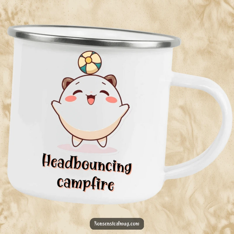 Funny camping mug: a round, smiling character gleefully bounces a ball with its head, perfect for outdoors.
