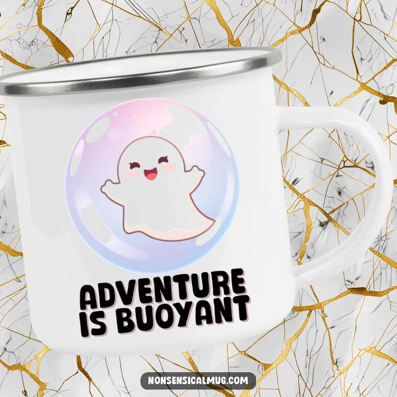 Funny ghost floating happily inside a bubble on a rugged camping mug, perfect for outdoor adventures.