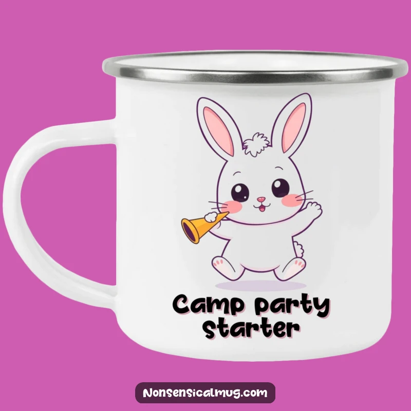 Funny Kawaii Bunny Camping Mug: Festive Adventures with Wide Eyes and Party Horns