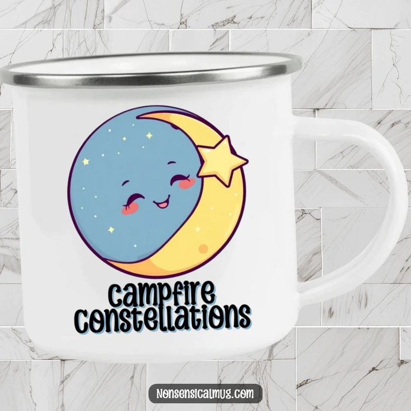 Funny smiling moon winking at a twinkling star on a durable camping mug, perfect for starry nights.