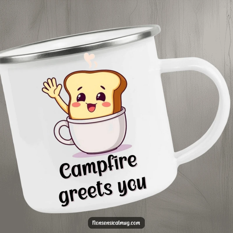 Funny smiling toast character waving from a steaming mug on a camping mug, for enjoying drinks with outdoor warmth and humor.
