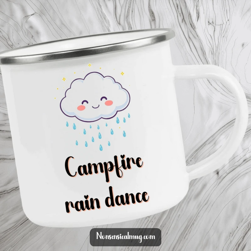 Funny camping mug featuring a cute, smiling cloud character showering gentle, sparkling raindrops, perfect for cheerful outdoor sipping.