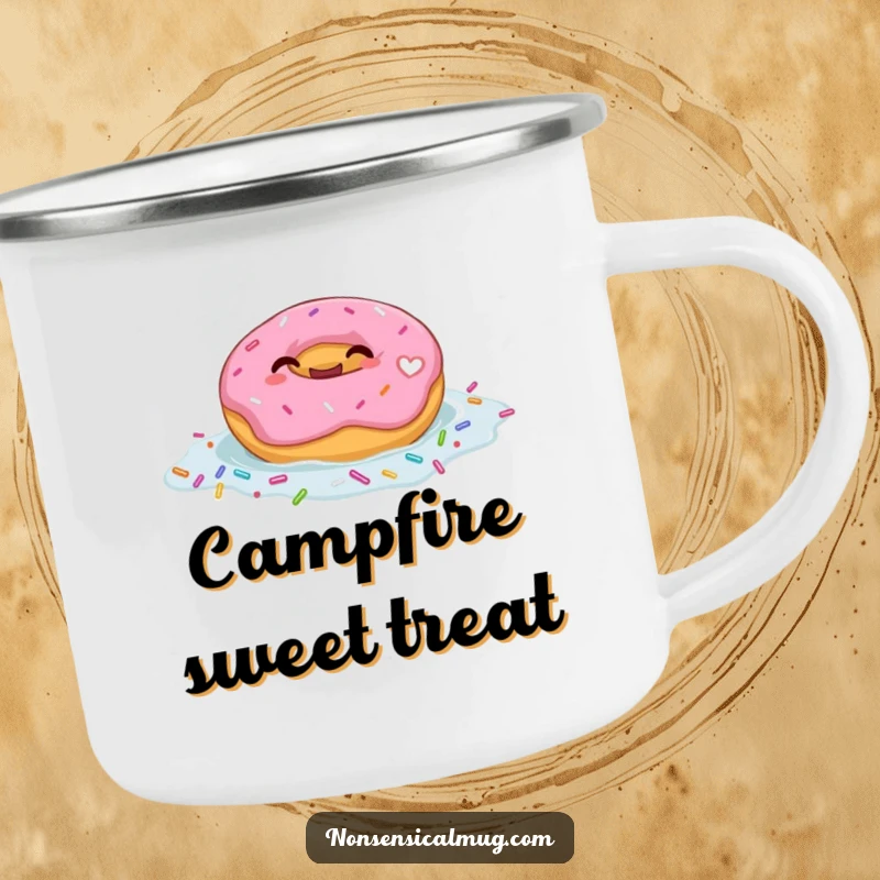 Funny camping mug showing a giggling donut happily floating in a pool of sprinkles, ready for outdoor treats.