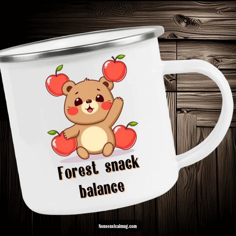 Funny camping mug with a round, happy bear character humorously juggling three shiny apples, ready for campfire stories.