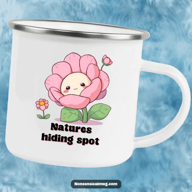 Funny curious blob character peeking from behind a large flower on a durable camping mug, ready for exploration.