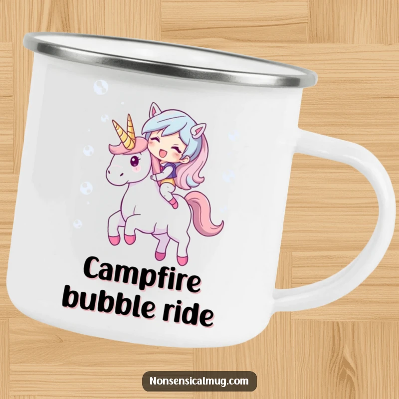 Funny camping mug with a giggling character riding a unicorn made of shimmering bubbles. Durable and humorous for outdoor use.