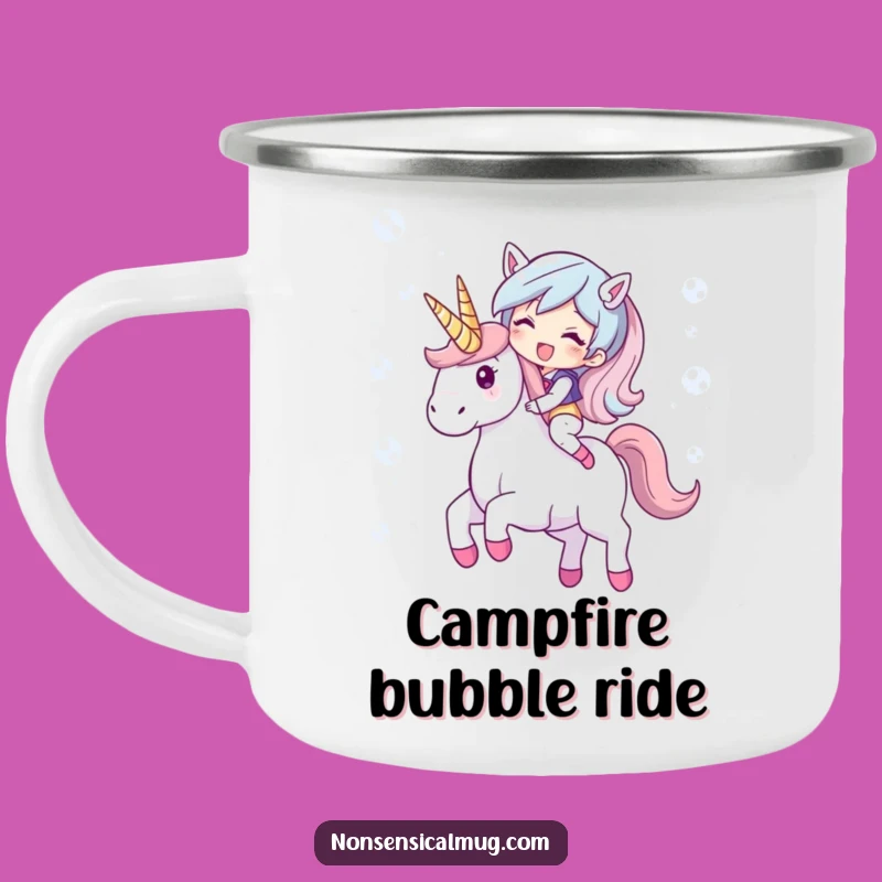 Funny Bubble Unicorn Camping Mug: Giggling Character, Magical Campfire