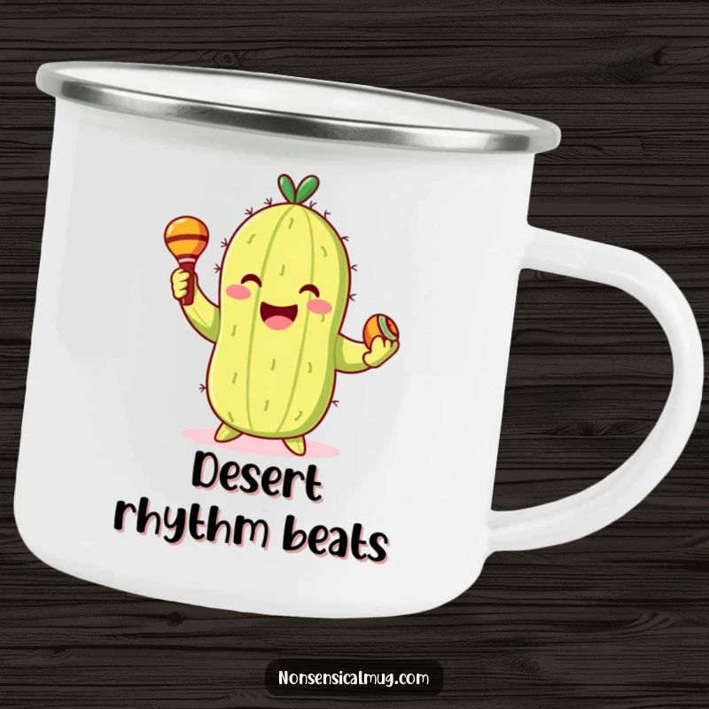 Funny Camping Mug: Smiling cactus character gleefully dancing with maracas, ready for festive adventures.