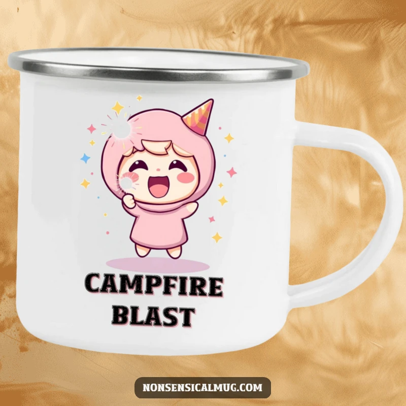 Funny camping mug with an energetic character firing a party popper, perfect for outdoor enthusiasts who enjoy a laugh.