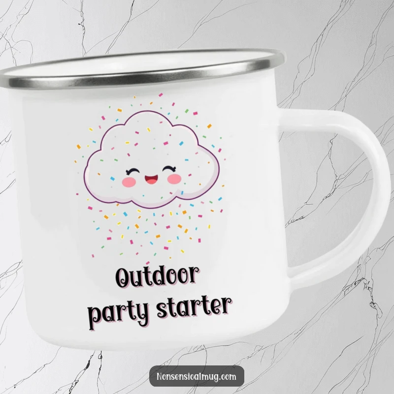Funny camping mug showing a cheerful cloud raining a festive shower of colorful confetti, perfect for outdoor celebration.