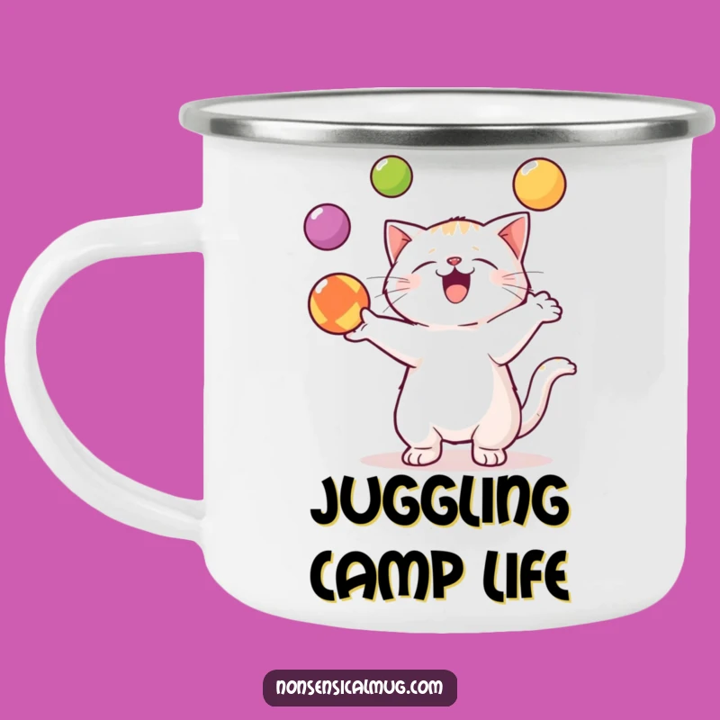 Funny Kawaii Cat Camping Mug: Talented Adventures with Juggling Feline Paws
