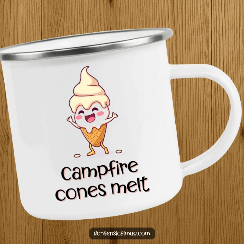 Funny kawaii melting ice cream cone character doing a silly dance on a sturdy camping mug, perfect for sweet outdoor adventures.