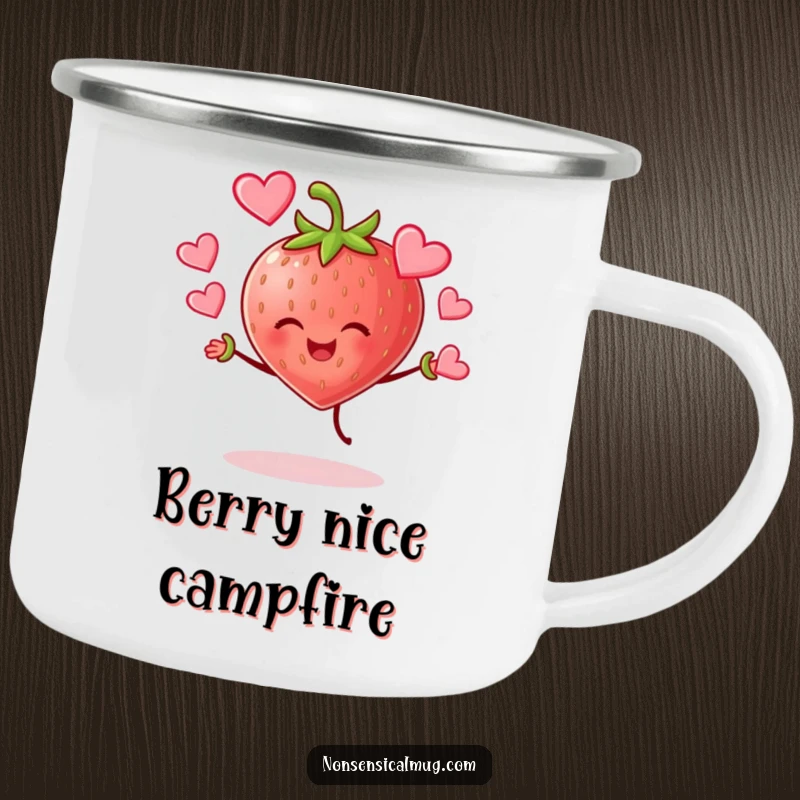 Funny cheerful strawberry character joyfully juggling hearts on a rugged camping mug, bringing sweet love to the wild.