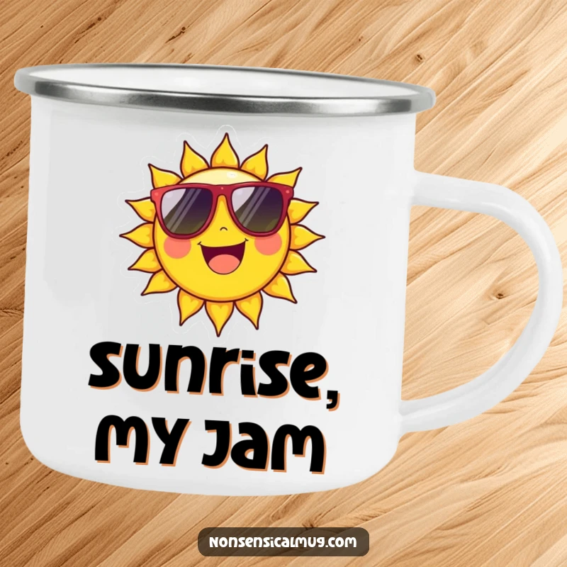 Funny Camping Mug: Cheerful sun character beaming with oversized sunglasses, ready for sunny adventures.