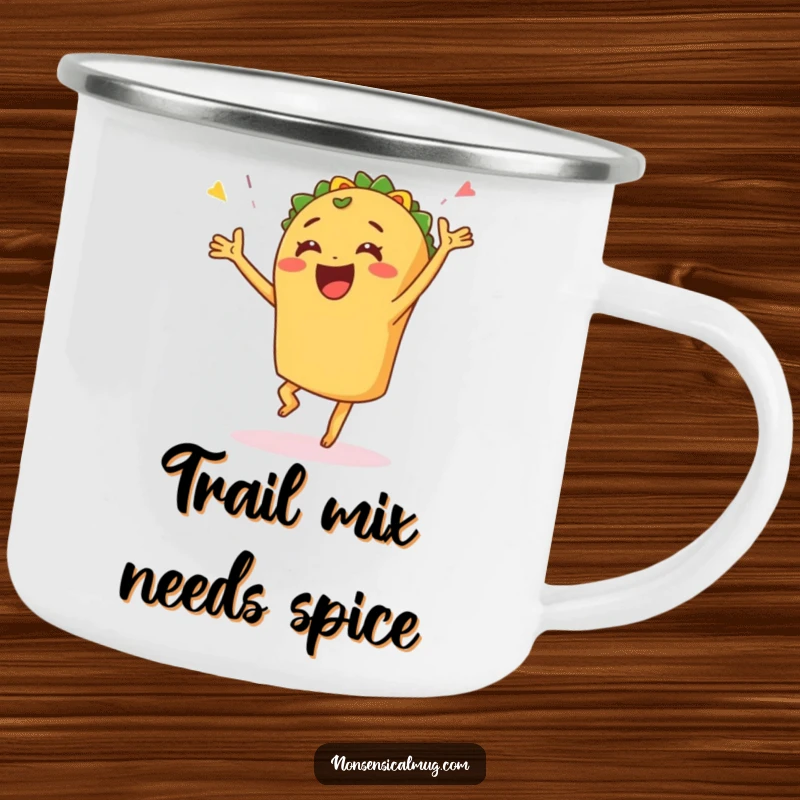 Funny camping mug with a happy taco doing a celebratory dance, perfect for adding fiesta fun to outdoor adventures.
