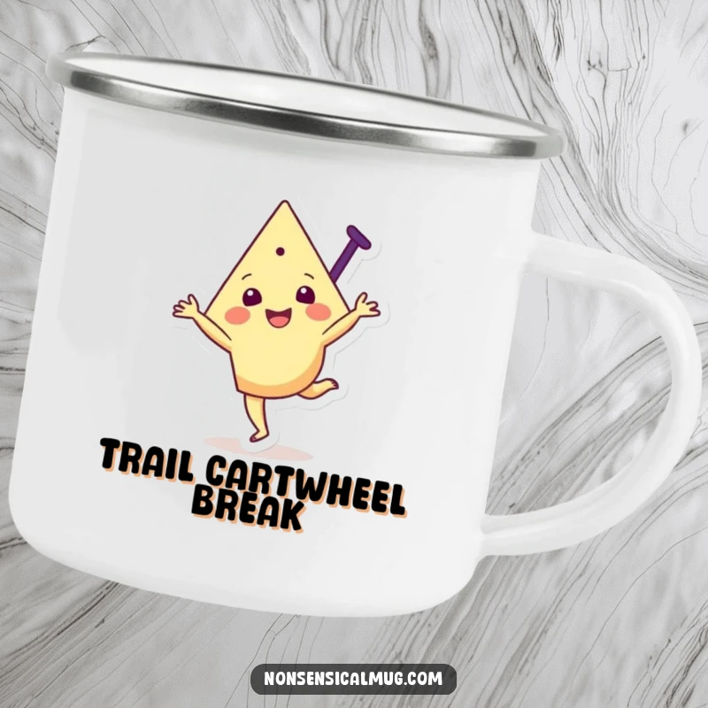 Funny camping mug featuring a joyful triangular character mid-cartwheel, designed for durable outdoor use with a fun twist.