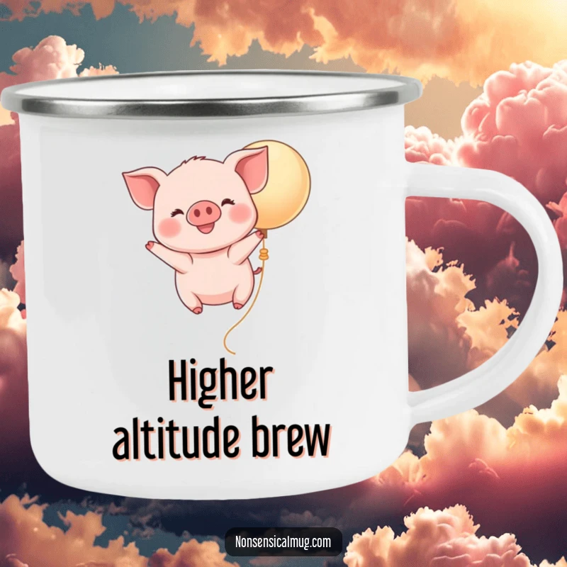 Funny Kawaii Piglet Balloon Camping Mug: A smiling piglet floats on a balloon, perfect for enjoying drinks in the wild.